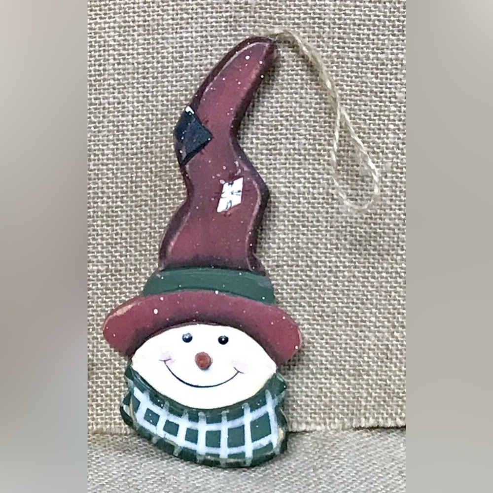 Wood Snowman Face Ornament Hand Painted Christmas Kitsch Rustic Cottage Core
